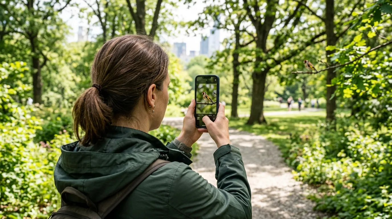 A person using a phone camera while watching birds