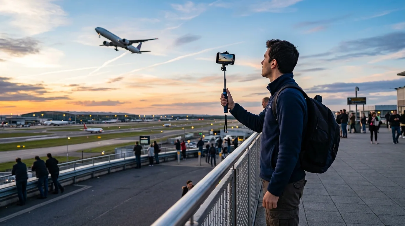A person using a phone camera near an airport observation area